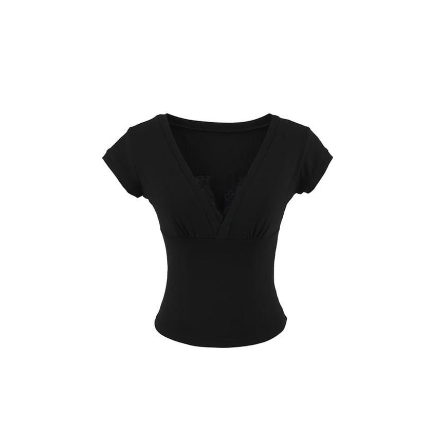 Short Sleeve V-Neck Lace Trim Top