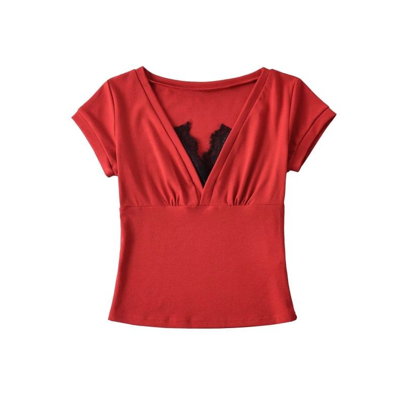 Short Sleeve V-Neck Lace Trim Top