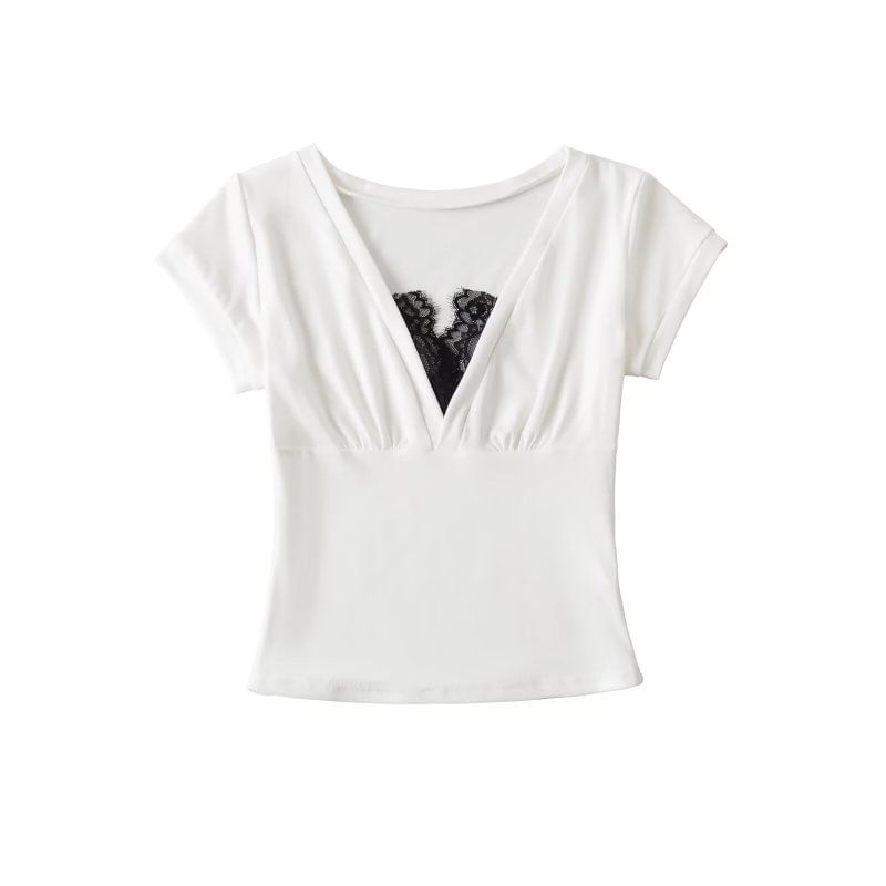 Short Sleeve V-Neck Lace Trim Top