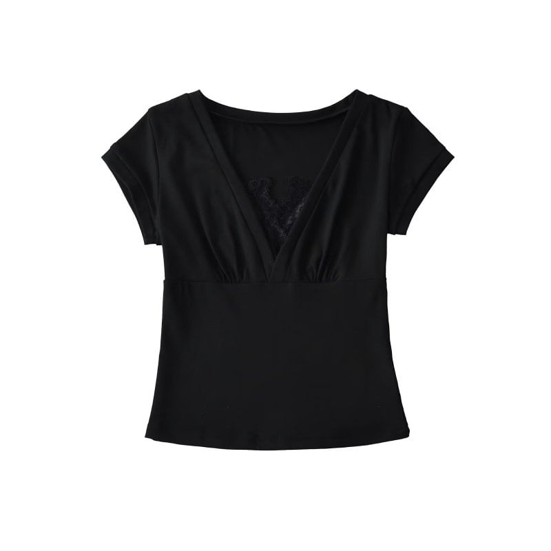 Short Sleeve V-Neck Lace Trim Top