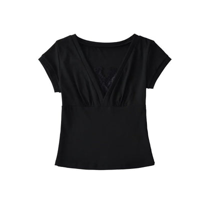 Short Sleeve V-Neck Lace Trim Top