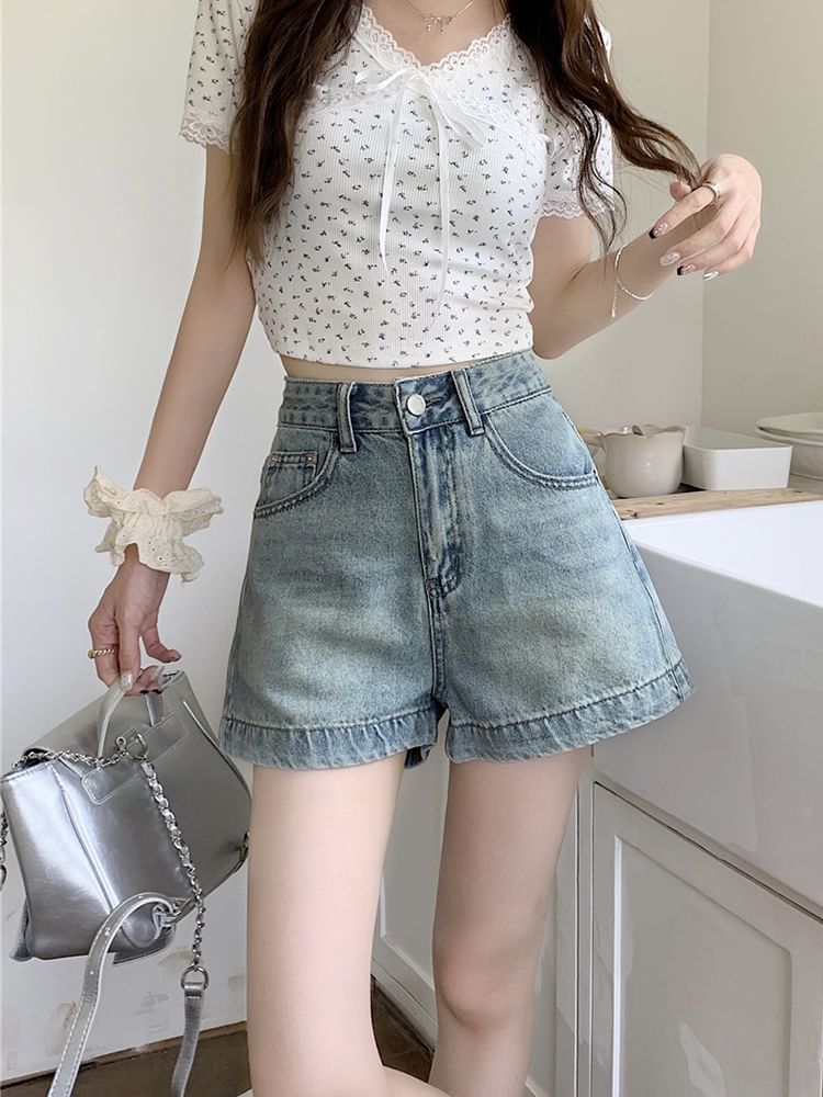 High Waist Washed Wide-Leg Denim Shorts