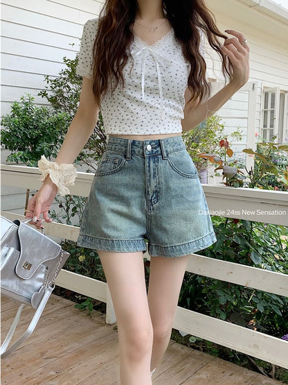 High Waist Washed Wide-Leg Denim Shorts