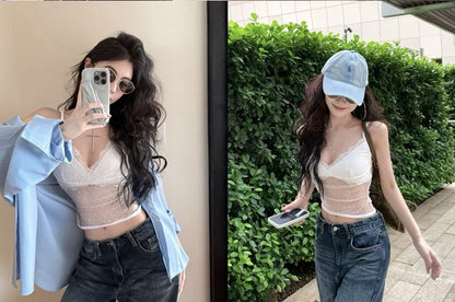 Dotted Mesh Lace Crop Cami with V-Neck