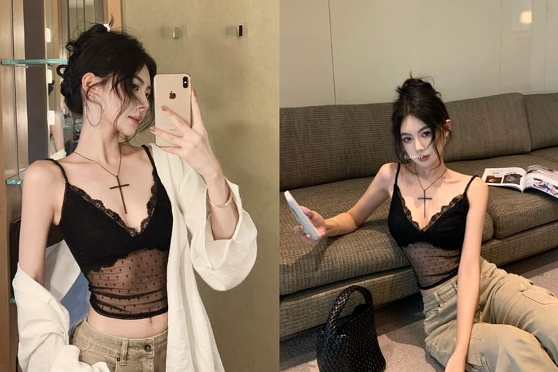 Dotted Mesh Lace Crop Cami with V-Neck