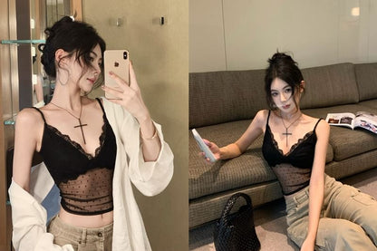 Dotted Mesh Lace Crop Cami with V-Neck