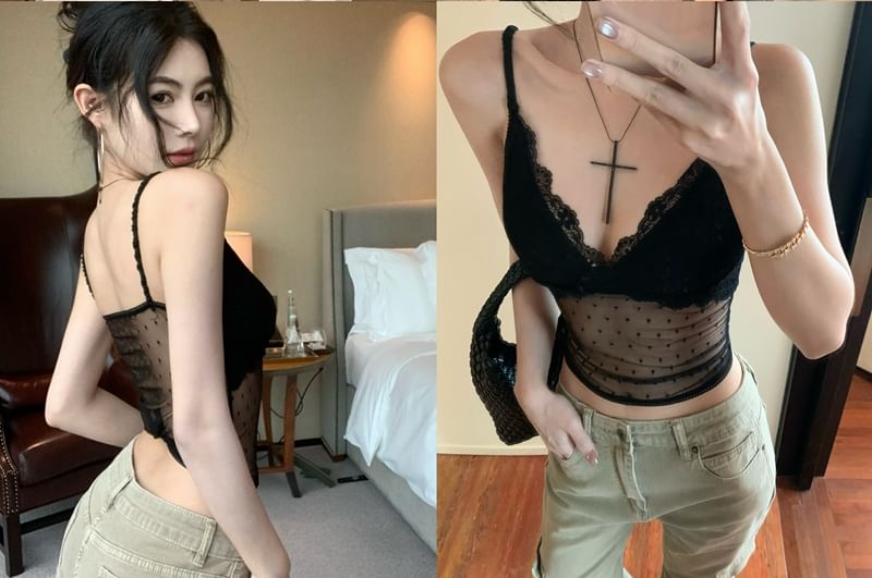 Dotted Mesh Lace Crop Cami with V-Neck