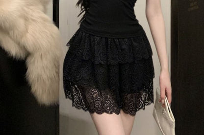 Cutout Lace Crop Cami with V-Neck & Ruched Sides