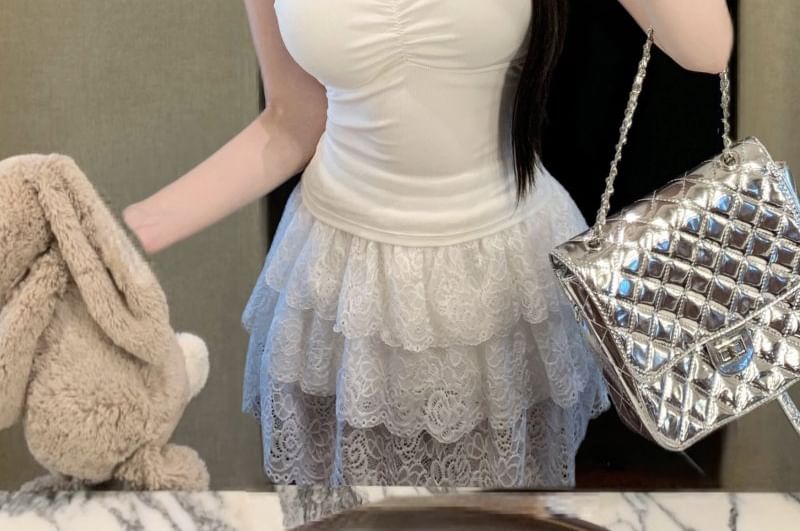 Cutout Lace Crop Cami with V-Neck & Ruched Sides