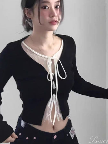 V-Neck Lace Trim Knit Top