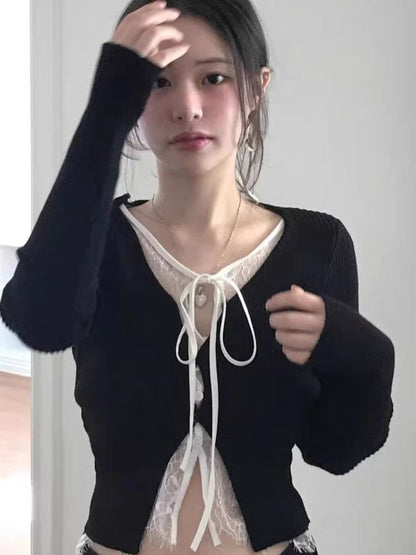 V-Neck Lace Trim Knit Top