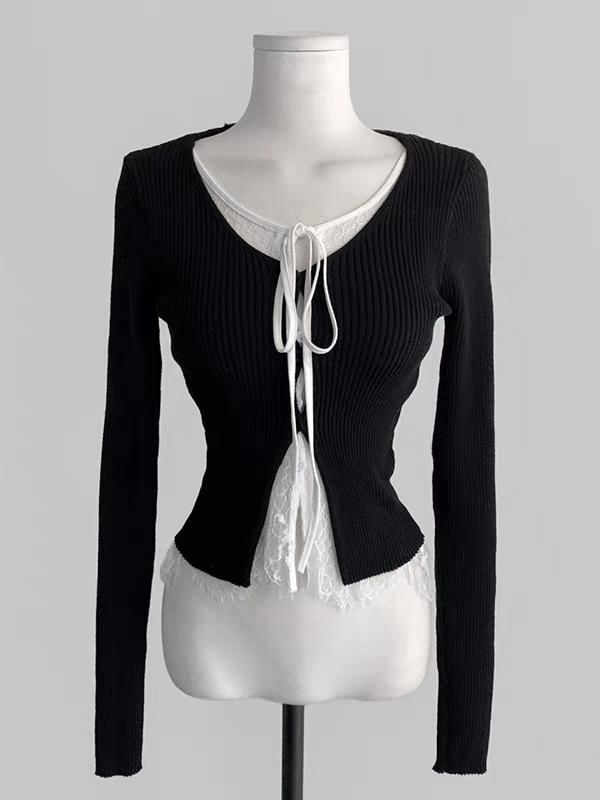 V-Neck Lace Trim Knit Top