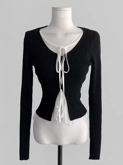 V-Neck Lace Trim Knit Top