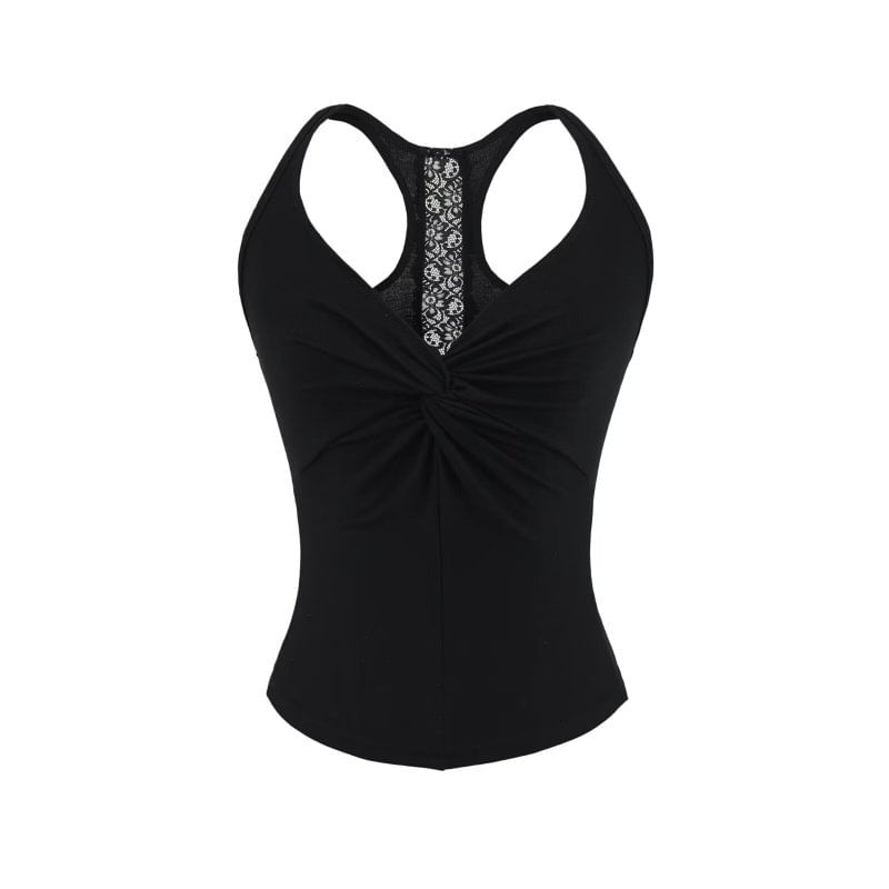 Lace-Trim Racerback Crop Tank with V-Neck