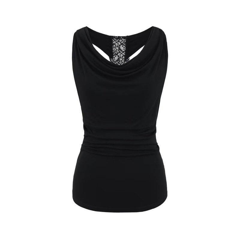 Cowl Neck Lace Panel Ruched Slim Tank