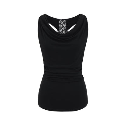 Cowl Neck Lace Panel Ruched Slim Tank