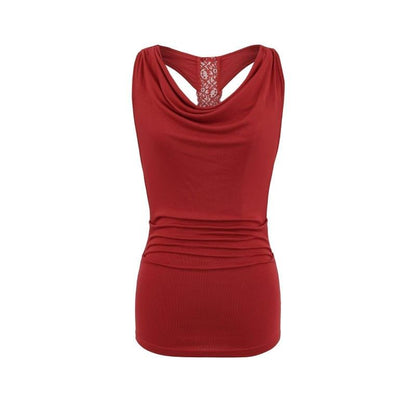 Cowl Neck Lace Panel Ruched Slim Tank