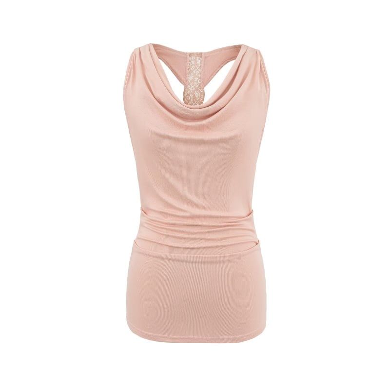 Cowl Neck Lace Panel Ruched Slim Tank