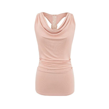 Cowl Neck Lace Panel Ruched Slim Tank