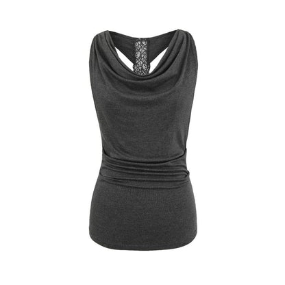 Cowl Neck Lace Panel Ruched Slim Tank