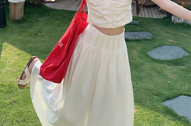 Ruched V-Neck Crop Top & Maxi A-Line Skirt Set