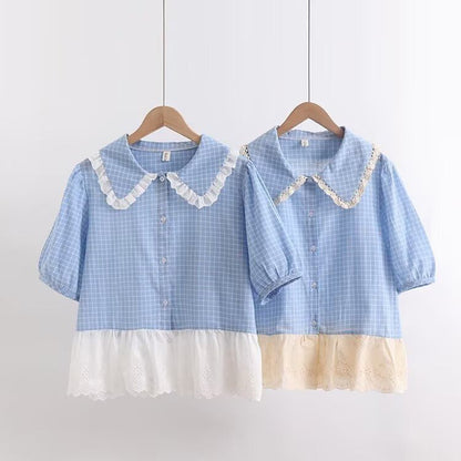 Plaid Puff Sleeve Lace Trim Shirt