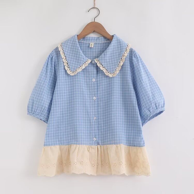 Plaid Puff Sleeve Lace Trim Shirt