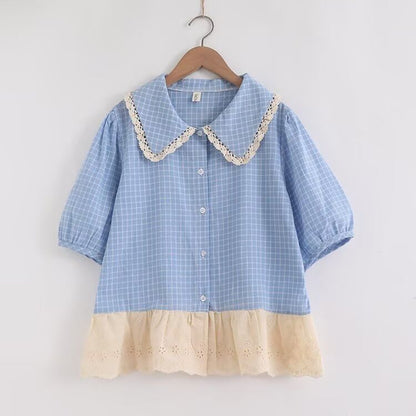 Plaid Puff Sleeve Lace Trim Shirt