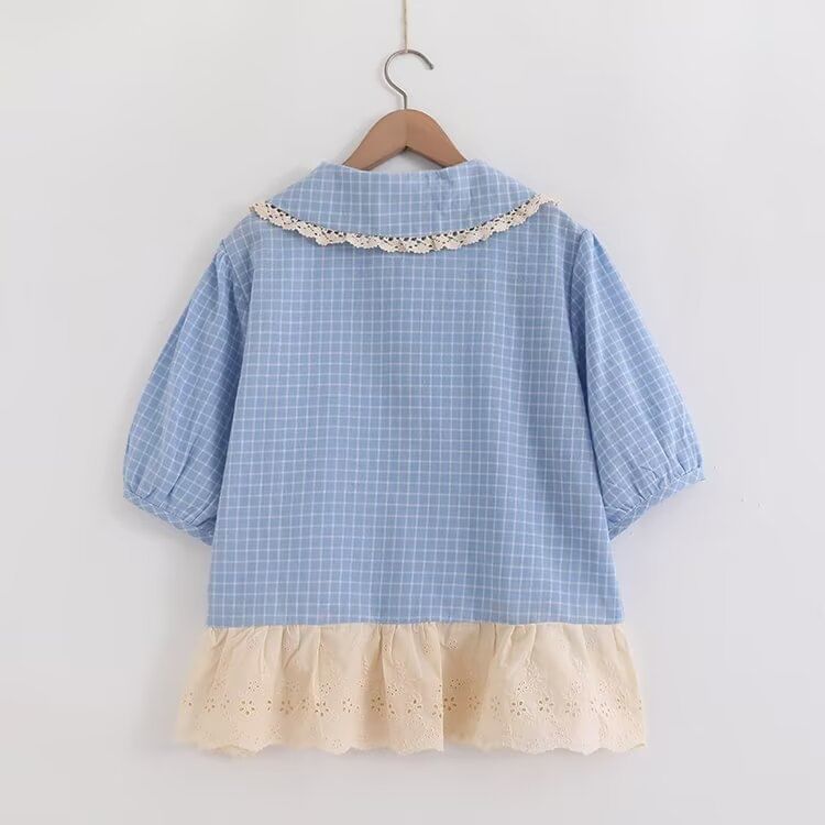 Plaid Puff Sleeve Lace Trim Shirt