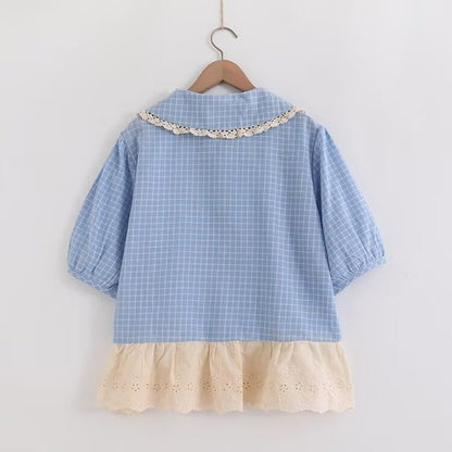 Plaid Puff Sleeve Lace Trim Shirt