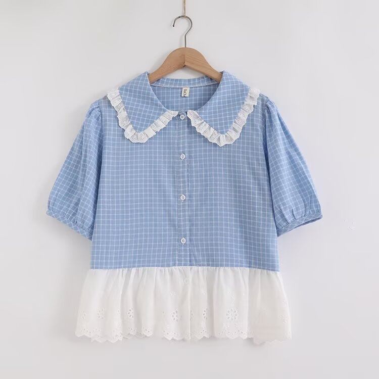 Plaid Puff Sleeve Lace Trim Shirt