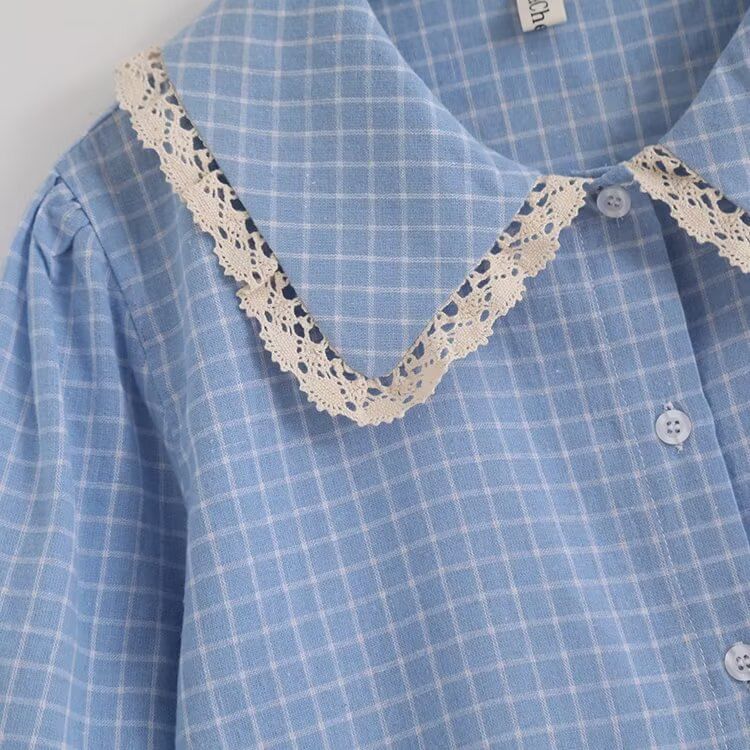 Plaid Puff Sleeve Lace Trim Shirt