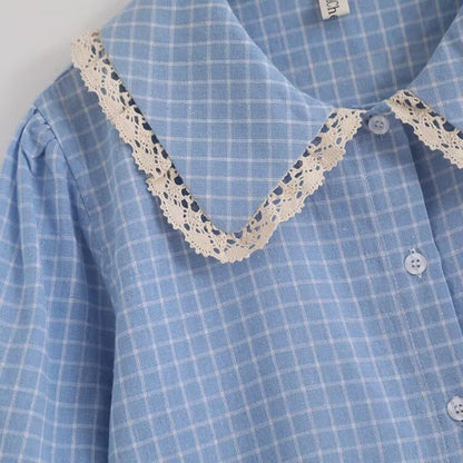 Plaid Puff Sleeve Lace Trim Shirt