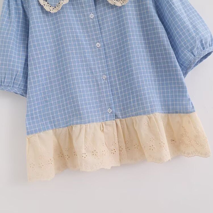 Plaid Puff Sleeve Lace Trim Shirt