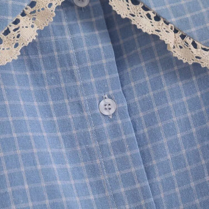 Plaid Puff Sleeve Lace Trim Shirt