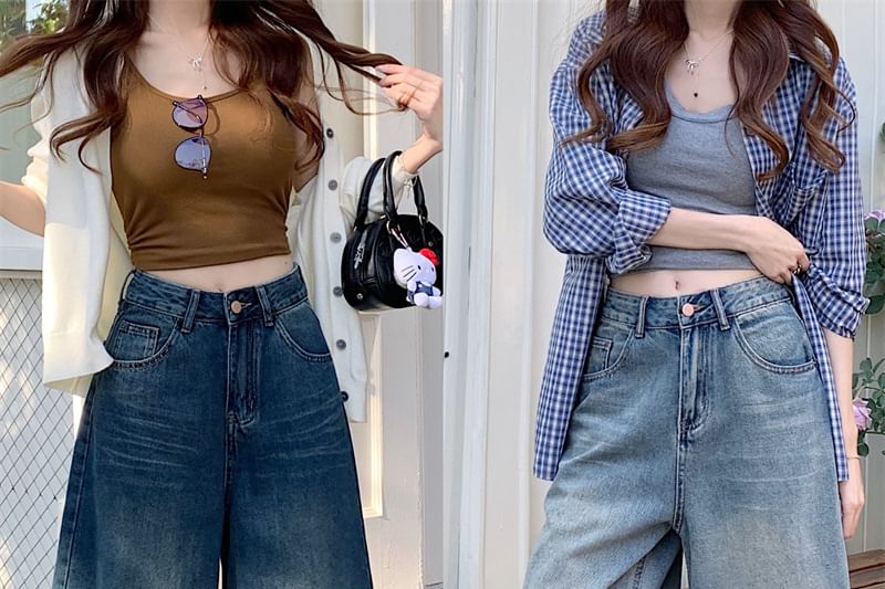 Mid Waist Washed Wide Leg Jorts