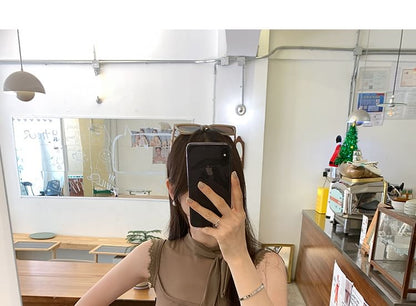 Mock Neck Lace Mesh Tie-Up Sleeveless Top