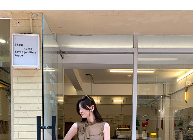 Mock Neck Lace Mesh Tie-Up Sleeveless Top