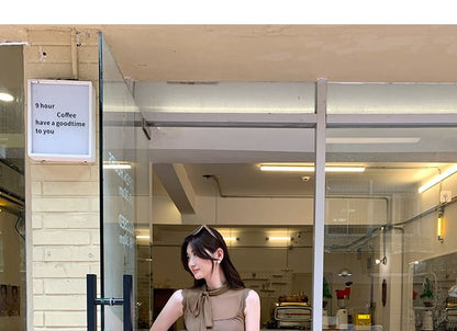 Mock Neck Lace Mesh Tie-Up Sleeveless Top