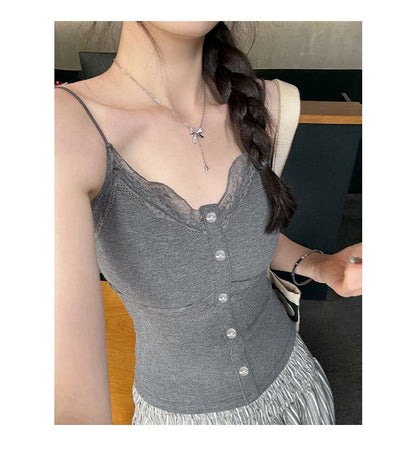 V-Neck Button Front Lace Cami