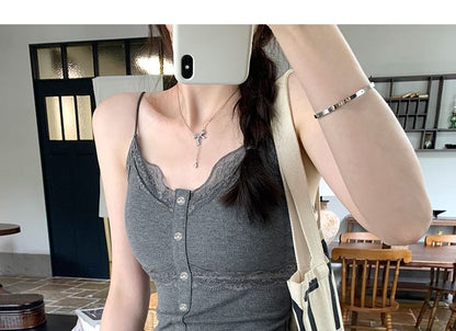 V-Neck Button Front Lace Cami
