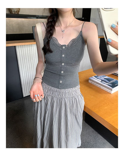 V-Neck Button Front Lace Cami