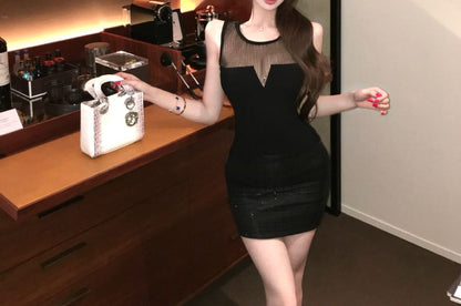 Ribbed Knit Sleeveless Top & Sequin Pencil Mini Skirt