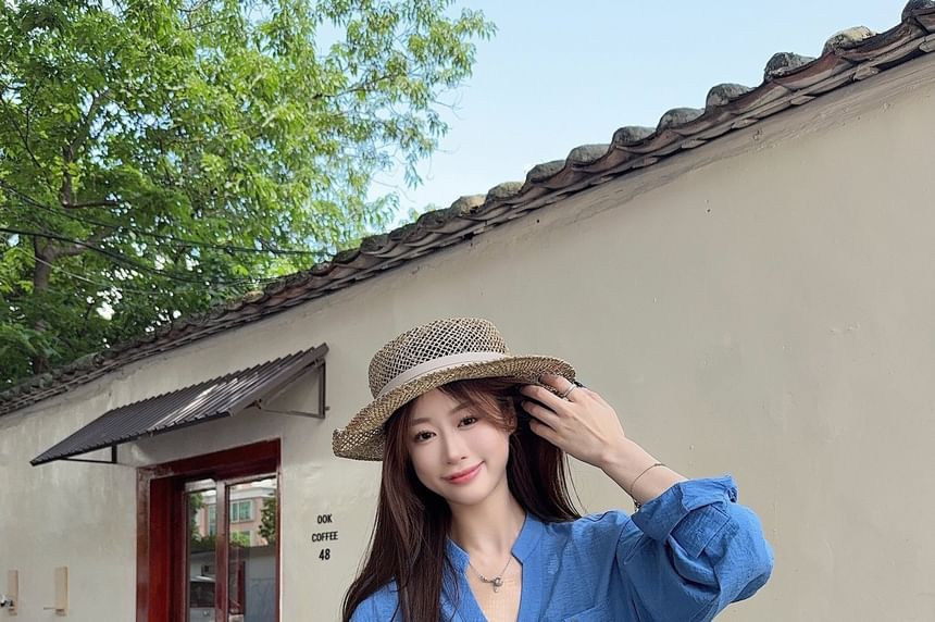 V-Neck Long Sleeve Blouse & Mini Skort Set