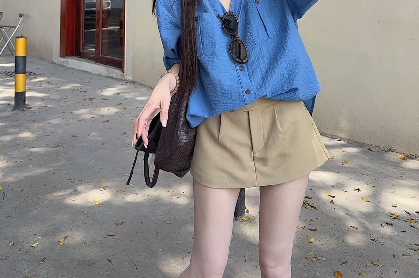 V-Neck Long Sleeve Blouse & Mini Skort Set