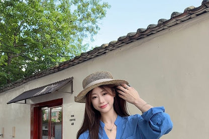 V-Neck Long Sleeve Blouse & Mini Skort Set