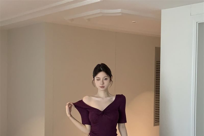 V-Neck Twist Short Sleeve Top & Maxi A-Line Skirt Set