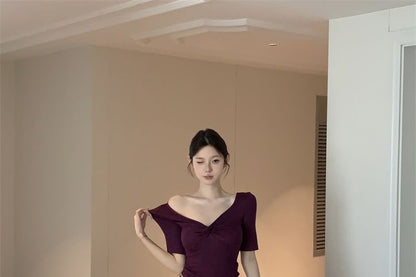 V-Neck Twist Short Sleeve Top & Maxi A-Line Skirt Set