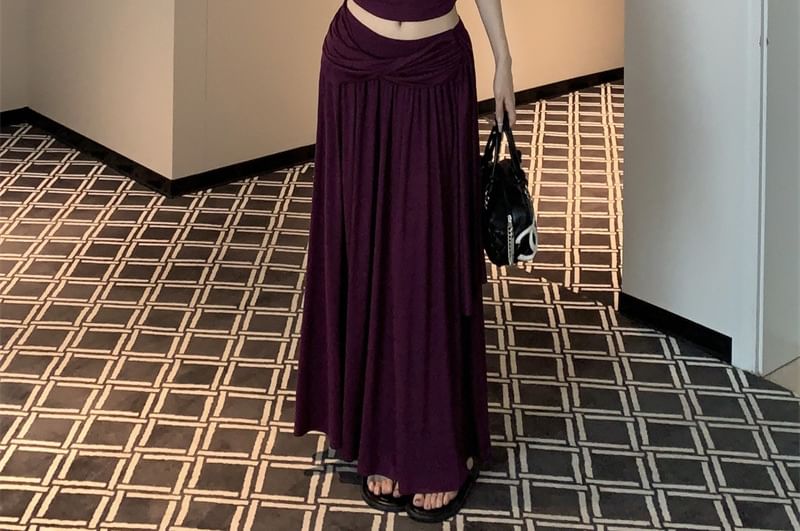V-Neck Twist Short Sleeve Top & Maxi A-Line Skirt Set