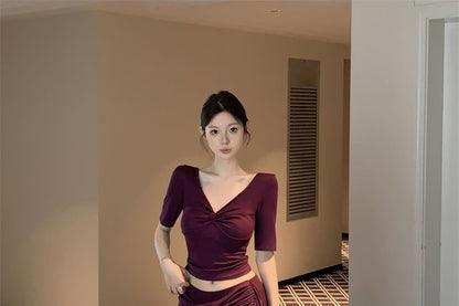 V-Neck Twist Short Sleeve Top & Maxi A-Line Skirt Set